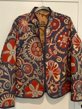 NWT TRIMDIN Womens Floral embroidered reversible Jacket - navy/tan -size XL